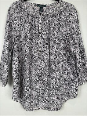 Lauren Ralph Lauren Black & White Paisley Henley Blouse Size L